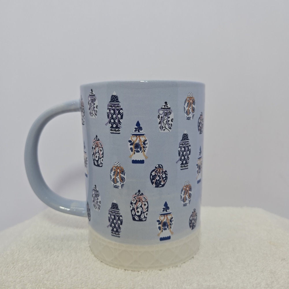 Gooseberry Moon  Pottery Ceramic 20 oz Coffee Mug Ornate Vase Print Rattan Detai